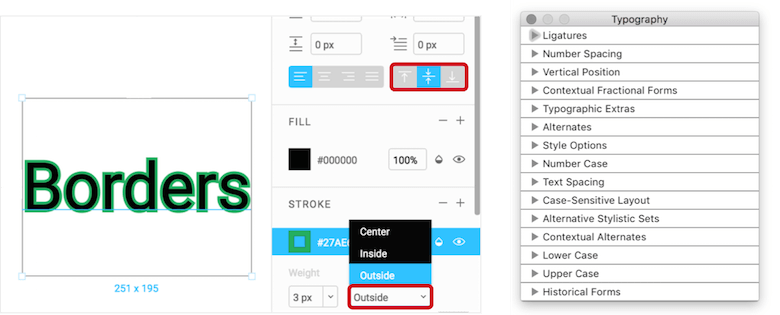 Left: Figma allows you to set the vertical position of text inside the frame (top) and has more options for the border position (bottom). Right: Sketch lets you apply OpenType features.